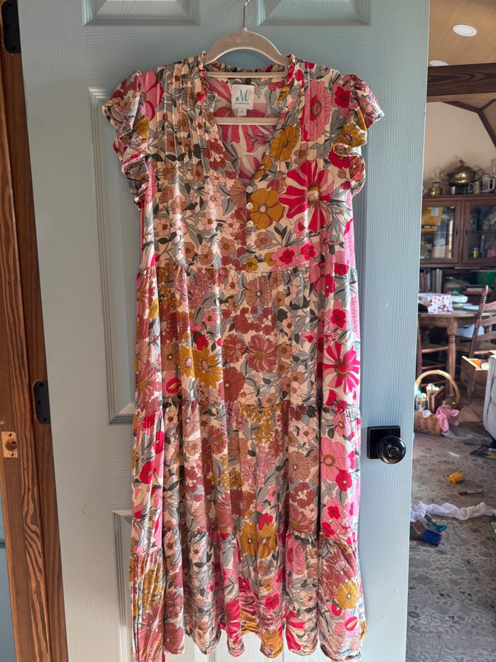 Floral Flutter Sleeve Maxi Dress in Pink and Mustard